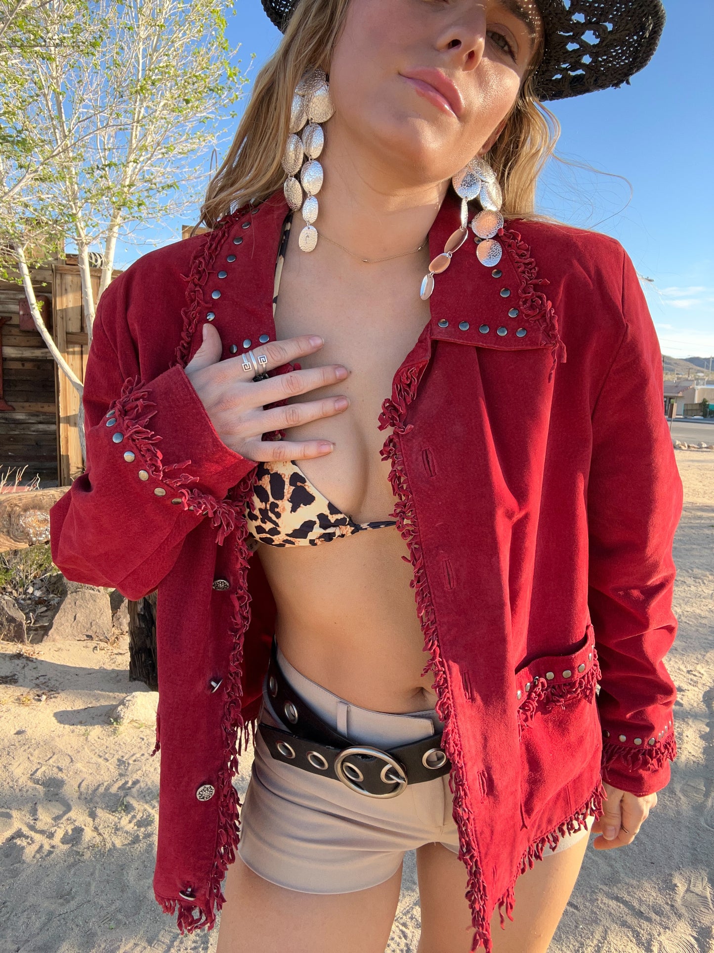 Red Suede Fringe Stud Jacket