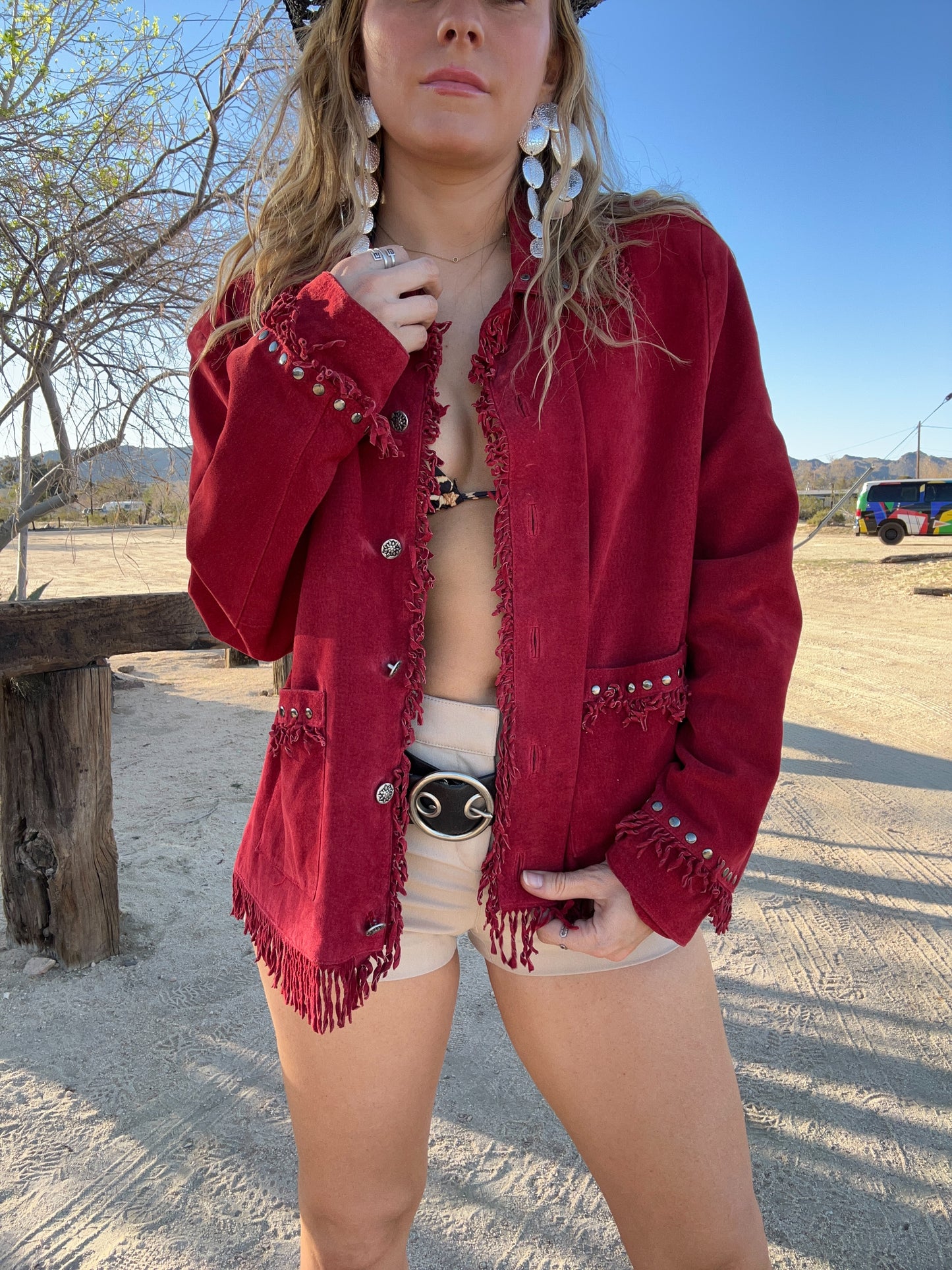 Red Suede Fringe Stud Jacket