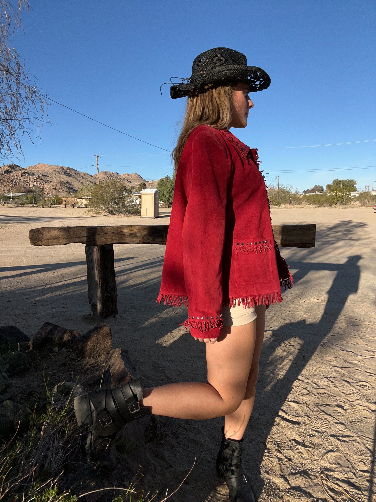 Red Suede Fringe Stud Jacket