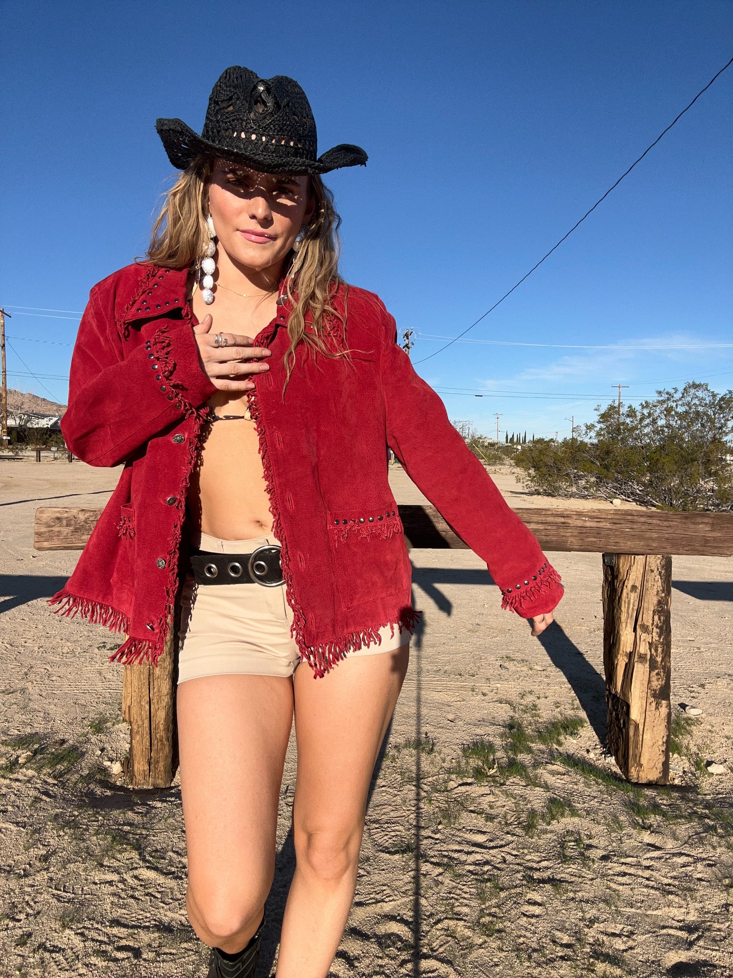 Red Suede Fringe Stud Jacket