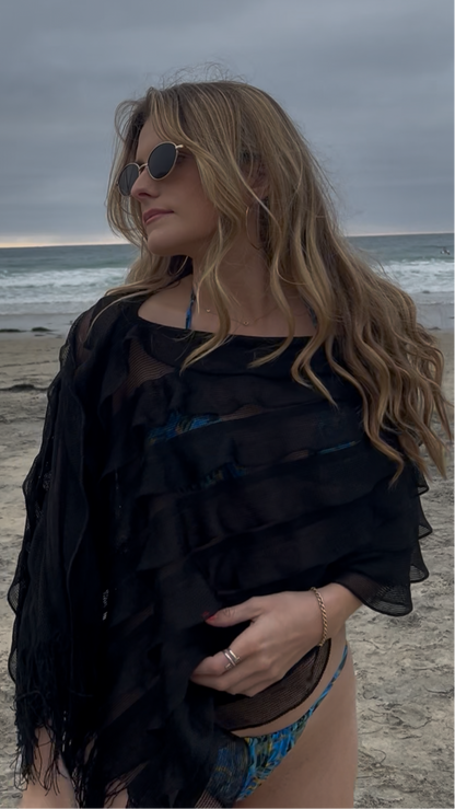 Vintage Y2K Black Fringe Poncho
