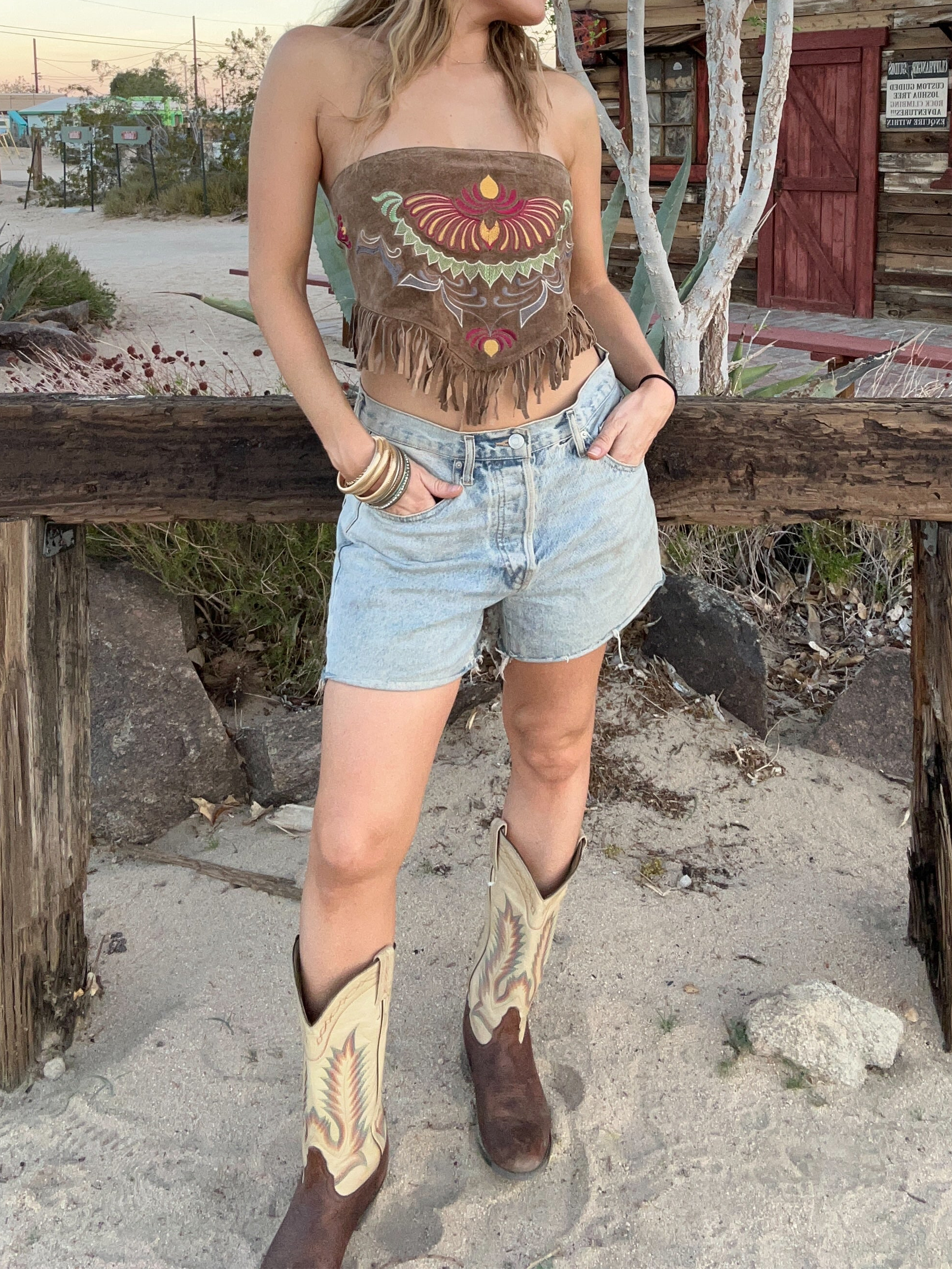 Leather Embroidered Tie Top