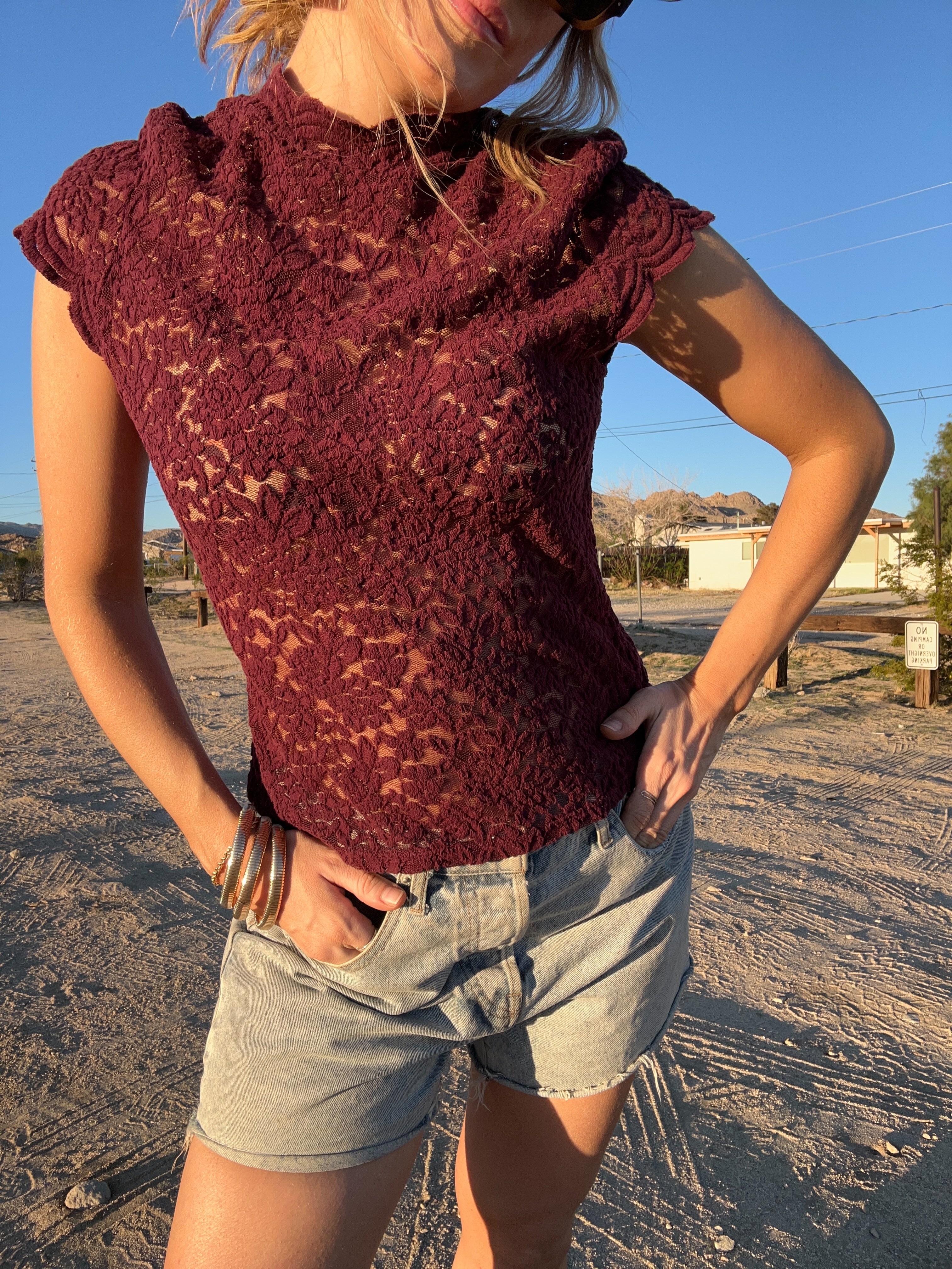 Maroon Lace Short Sleeve