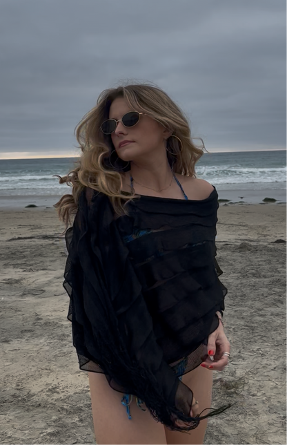 Vintage Y2K Black Fringe Poncho
