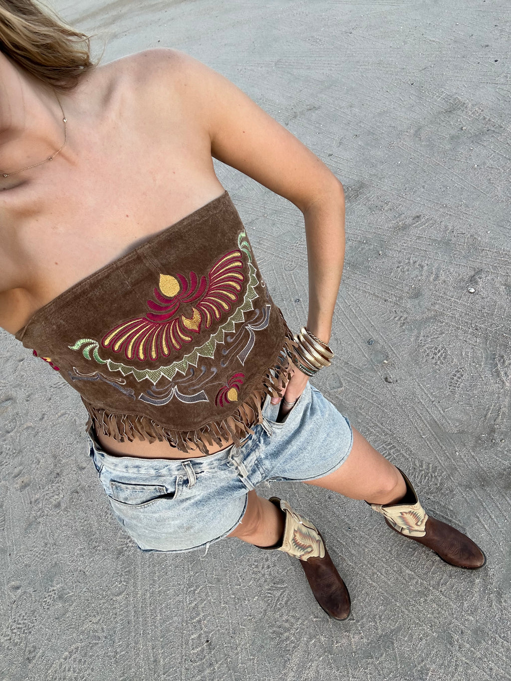 Leather Embroidered Tie Top