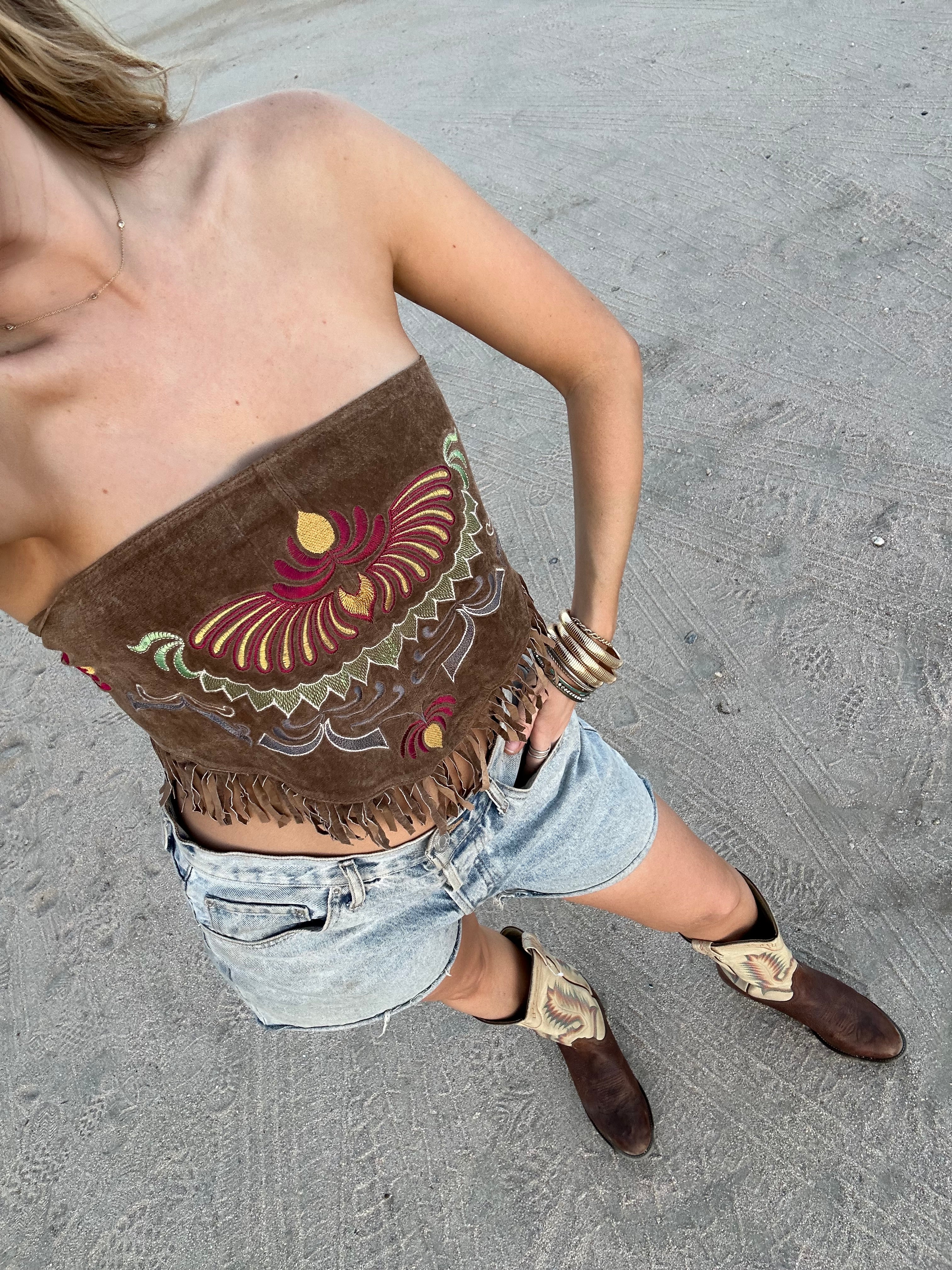Leather Embroidered Tie Top