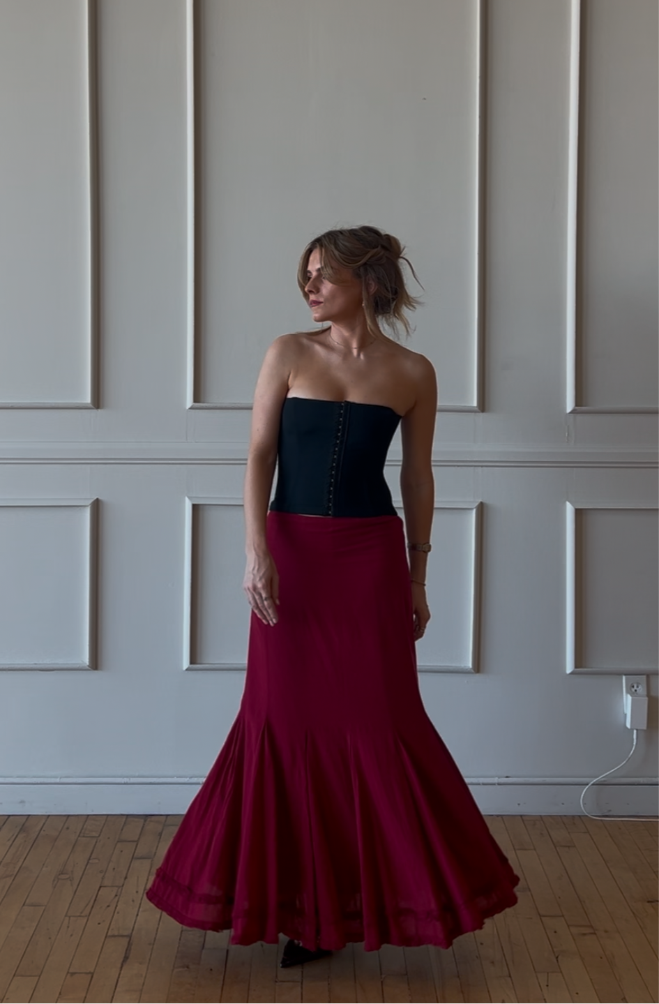 Red Vintage Cotton Maxi Skirt