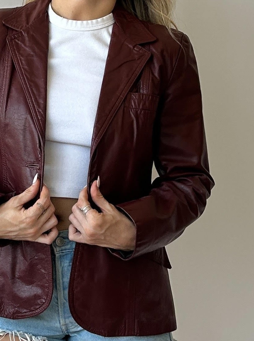 Vintage Red Wine Leather Blazer Jacket - Size