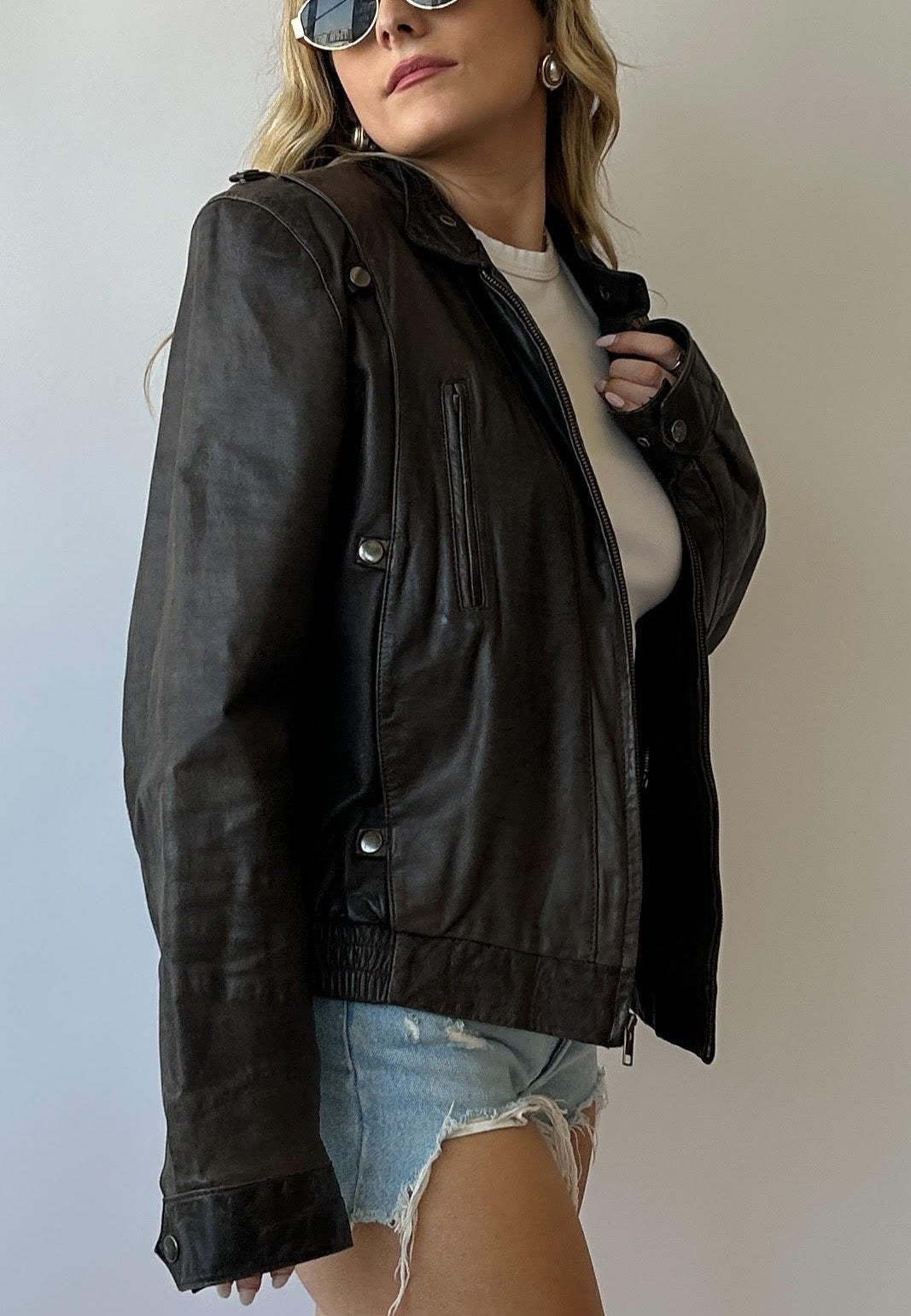 Boxy Brown Vintage Leather Bomber - Size 42