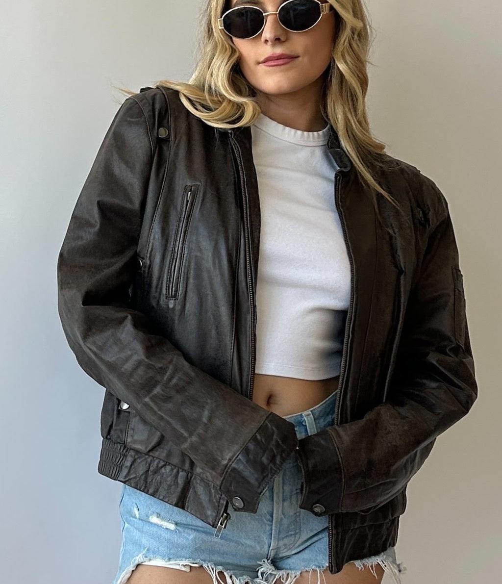 Boxy Brown Vintage Leather Bomber - Size 42