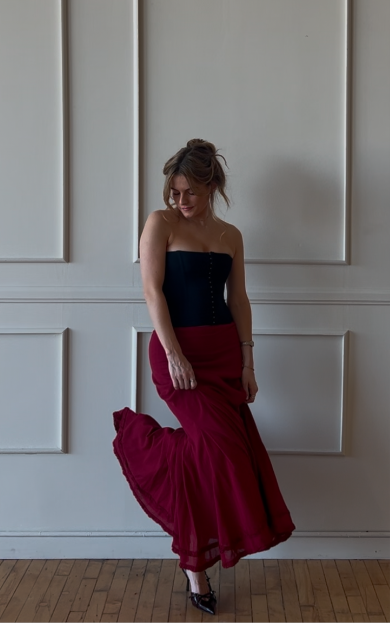 Red Vintage Cotton Maxi Skirt
