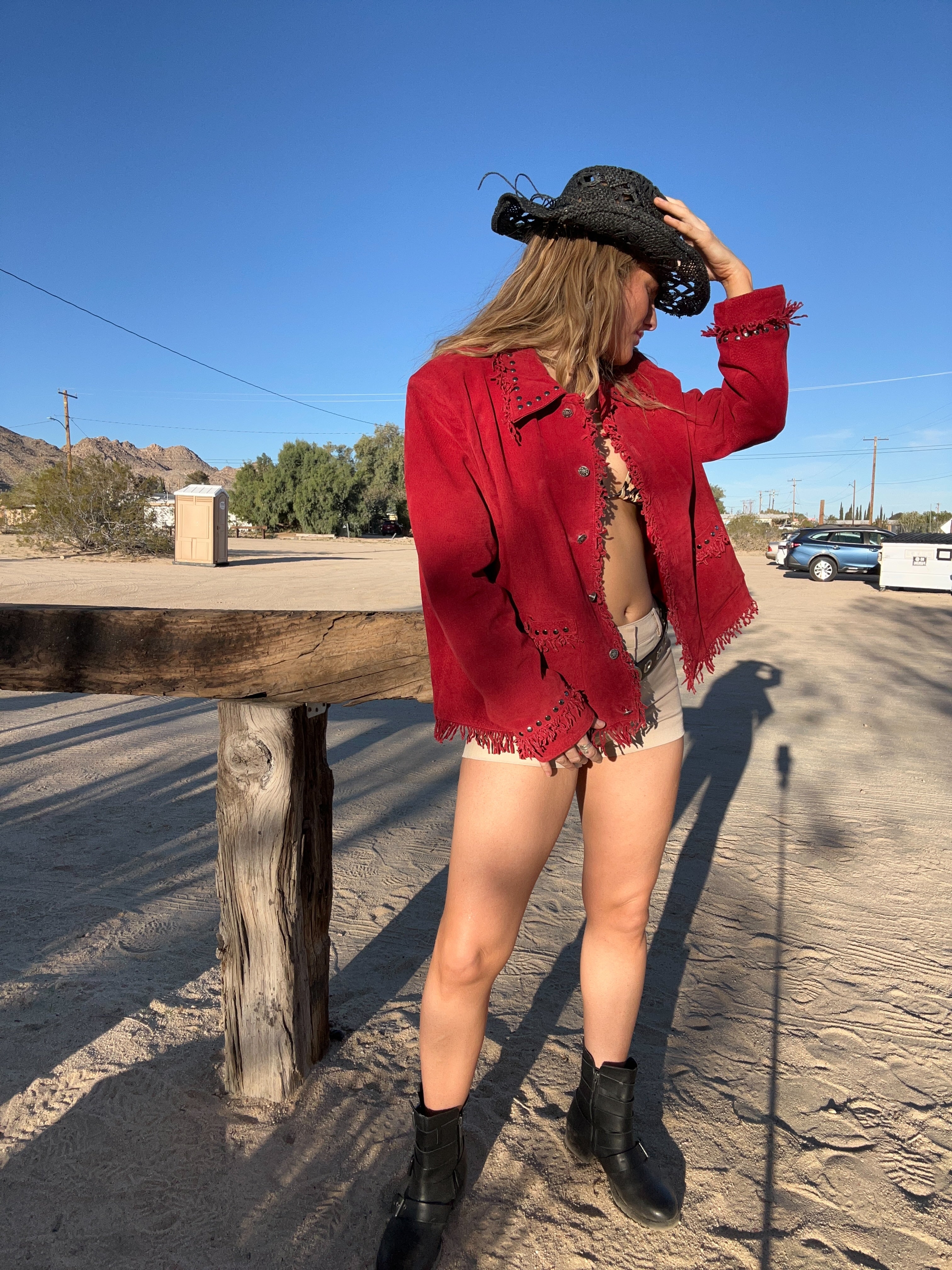 Red Suede Fringe Stud Jacket