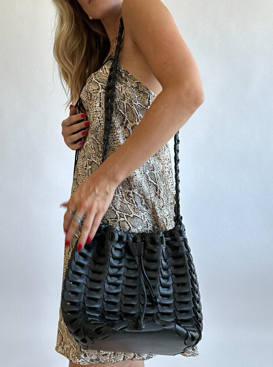 Black Leather Woven Crossbody