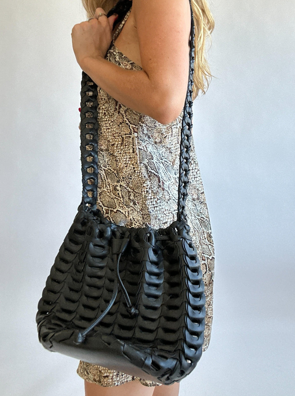 Black Leather Woven Crossbody