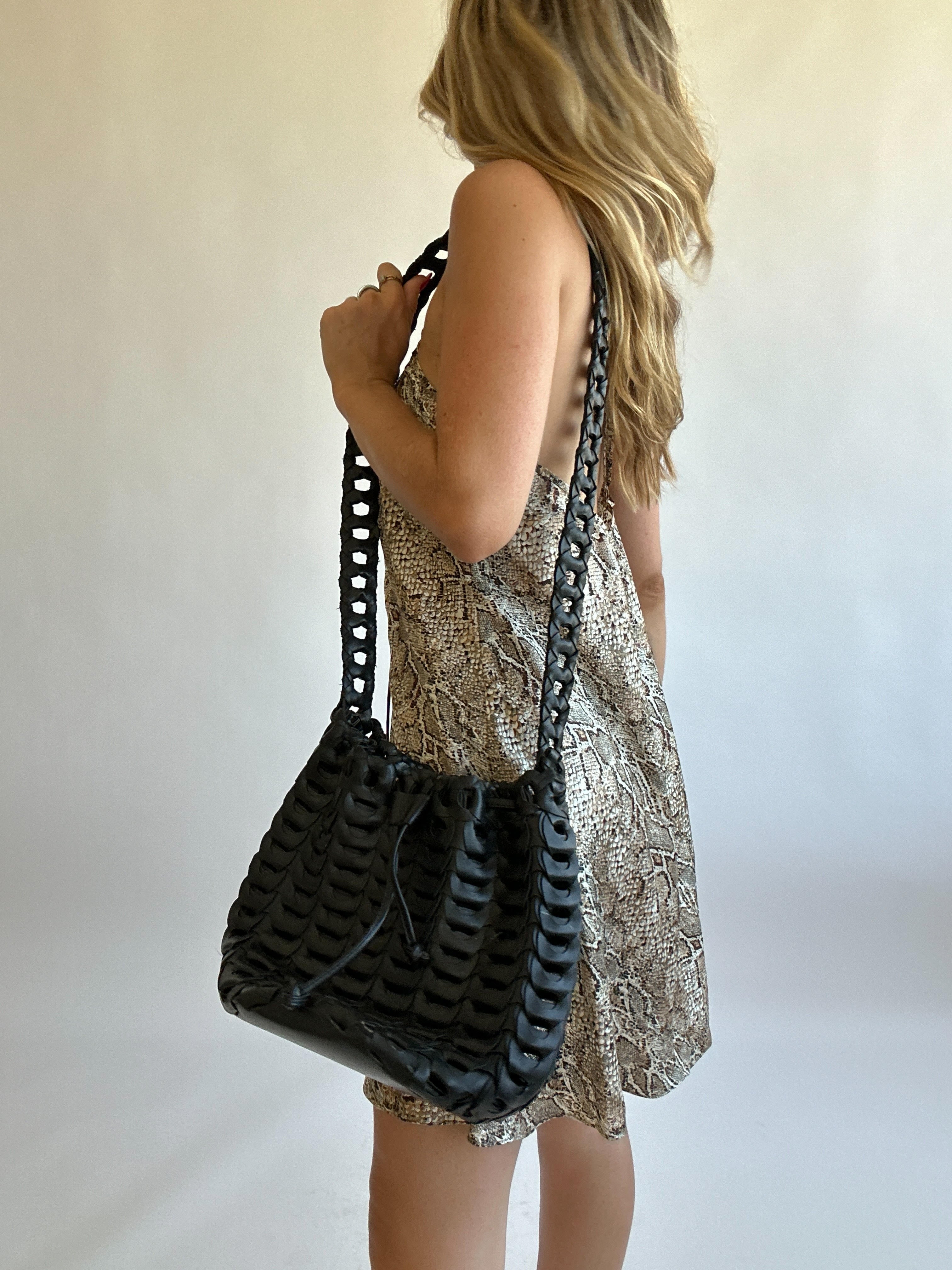 Black Leather Woven Crossbody