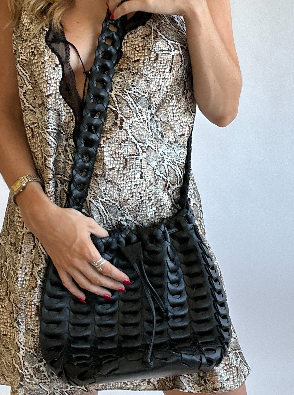 Black Leather Woven Crossbody