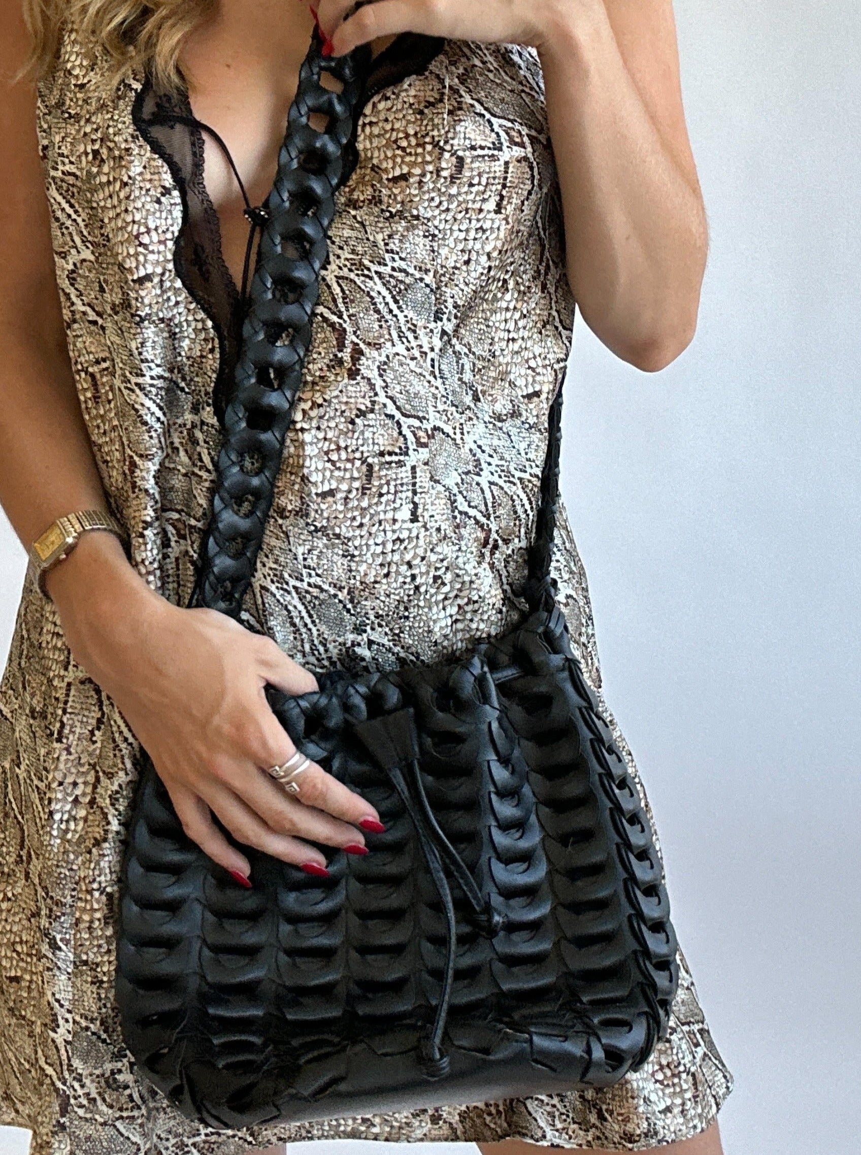 Black Leather Woven Crossbody