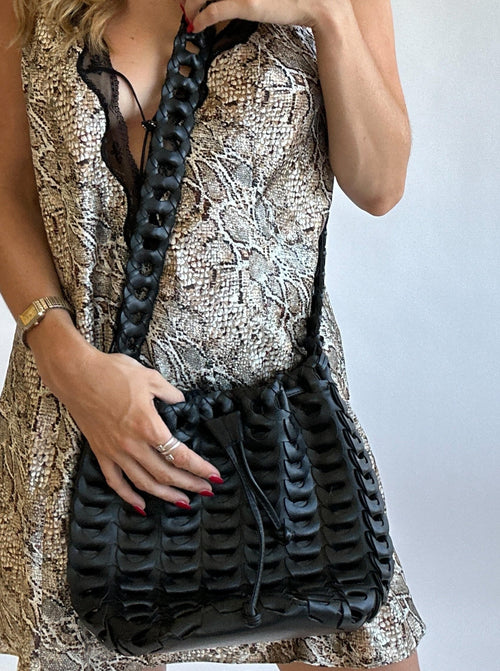 Black Leather Woven Crossbody