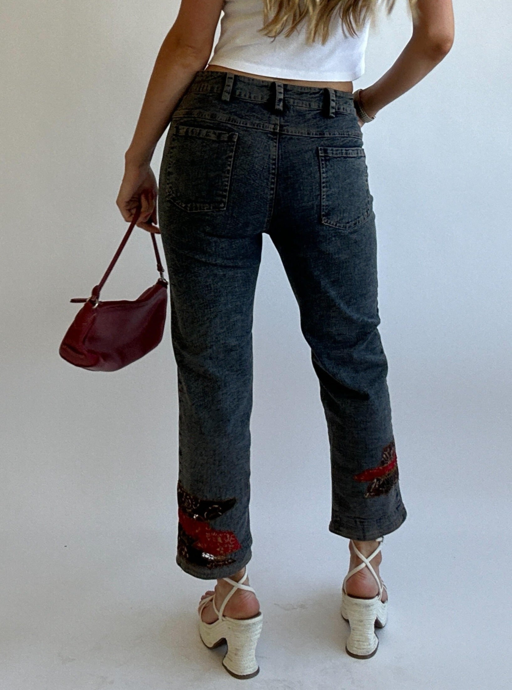 Patch Embroidered Capri Jeans - Size 28