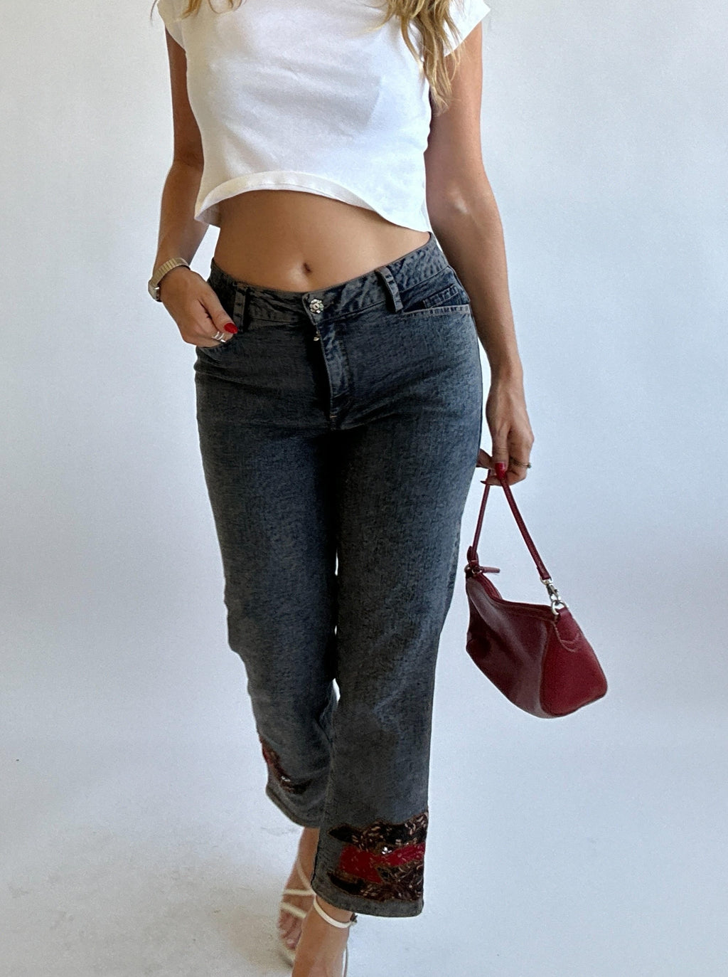 Patch Embroidered Capri Jeans - Size 28