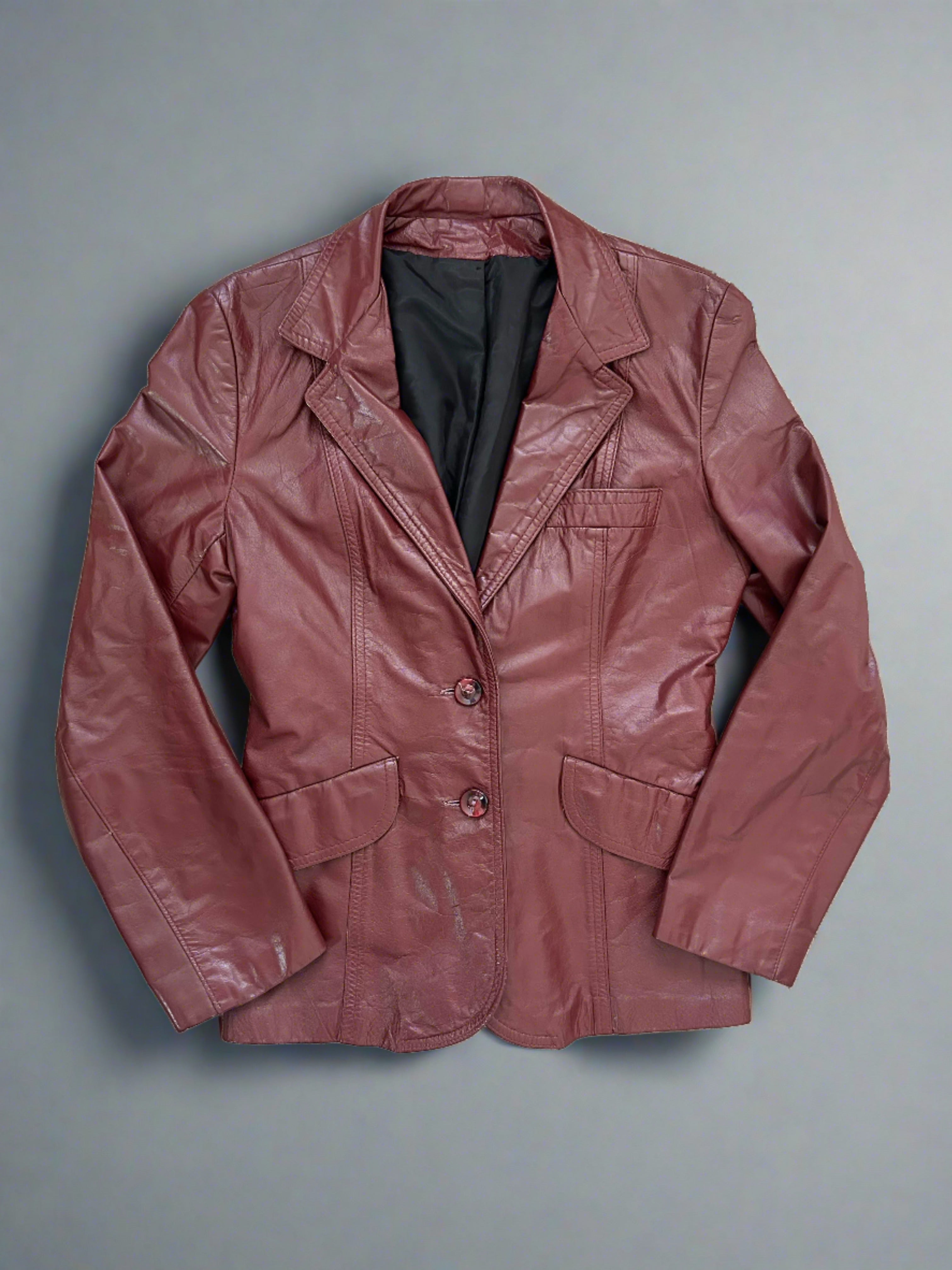 Vintage Red Wine Leather Blazer Jacket - Size